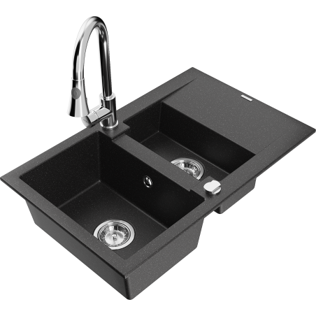 Mexen Gaspar granite sink 1.5-bowl with drainer and Elia kitchen tap, black/silver metallic - 6507-73-670101-00