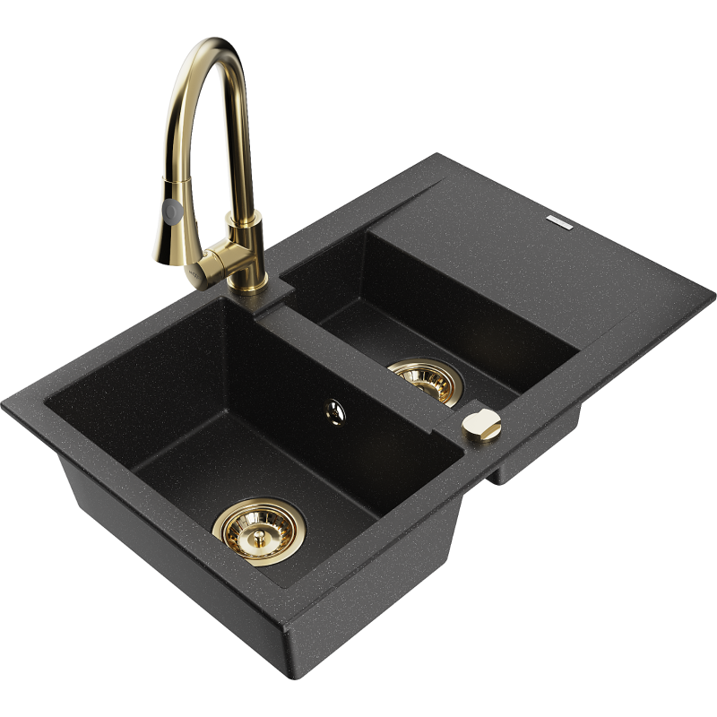 Mexen Gaspar granitais izlietne ar 1,5 nodalījumiem, ar notecēšanas iespēju un virtuves krāns Elia, melns/sudraba