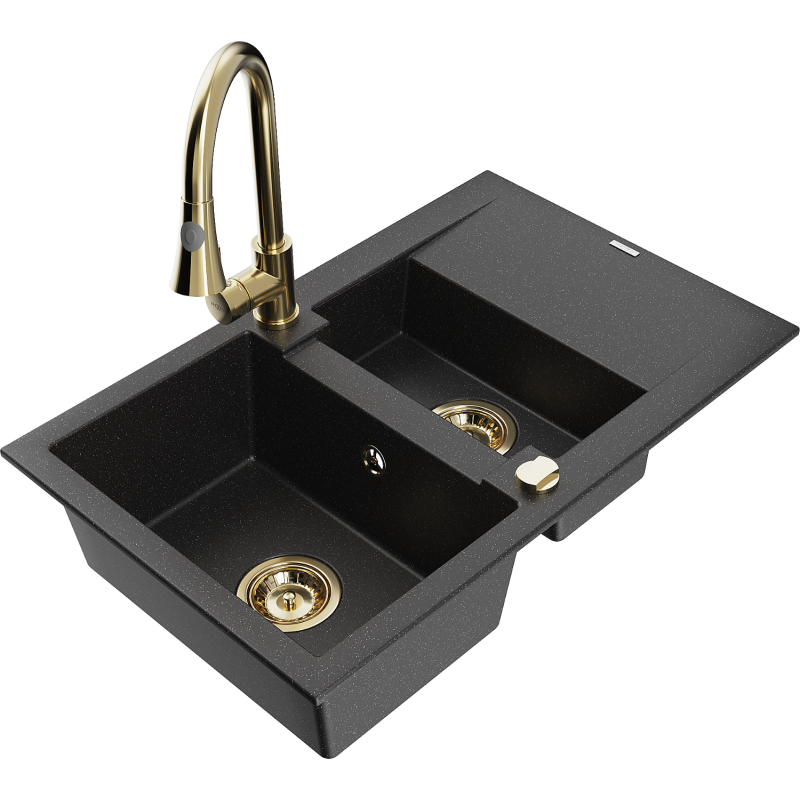 Mexen Gaspar granite sink 1.5-bowl with drainer and Elia kitchen tap, black/silver metallic - 6507-73-670101-50