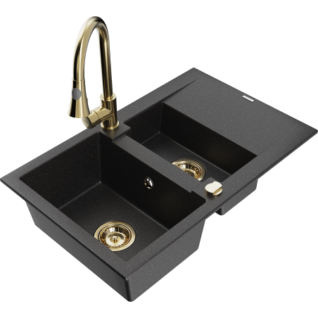 Mexen Gaspar granite sink 1.5-bowl with drainer and Elia kitchen tap, black/silver metallic - 6507-73-670101-50