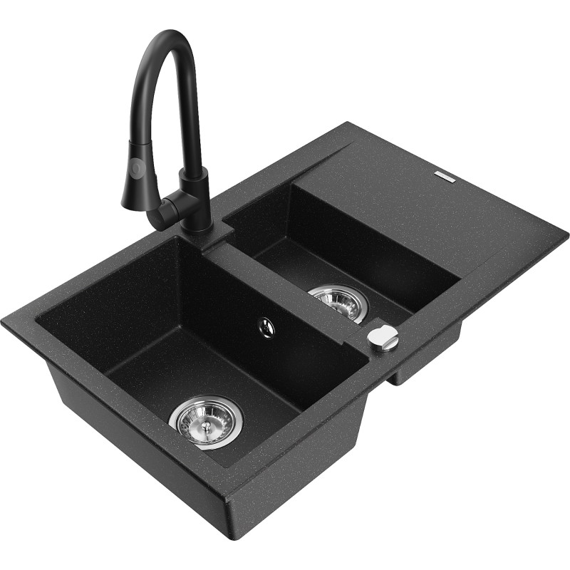 Mexen Gaspar Granitspüle 1,5-Becken mit Abtropffläche und Küchenarmatur Elia, schwarz/silber metallic - 6507-73-670101-70