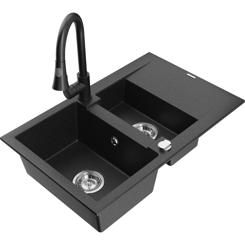 Mexen Gaspar Granitspüle 1,5-Kammer mit Abtropffläche und Küchenarmatur Elia, schwarz/silber metallic - 6507-73-670101-70