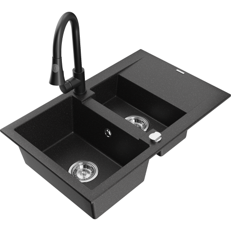 Mexen Gaspar Granitspüle 1,5-Becken mit Abtropffläche und Küchenarmatur Elia, schwarz/silber metallic - 6507-73-670101-70