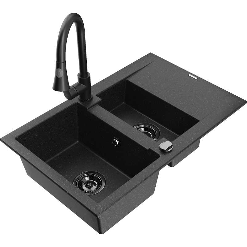 Mexen Gaspar fregadero de granito de 1,5 senos con escurridor y grifo de cocina Elia, negro/plata - 6507-73-670101-70-B