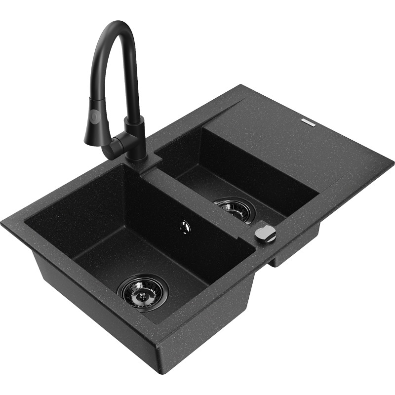Mexen Gaspar lavello in granito da 1,5 vasche con sgocciolatoio e rubinetto da cucina Elia, nero/argento - 6507-73-670101-70-B