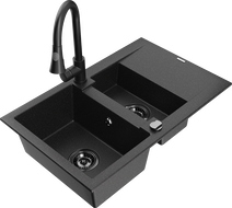 Mexen Gaspar fregadero de granito de 1,5 senos con escurridor y grifo de cocina Elia, negro/plata - 6507-73-670101-70-B