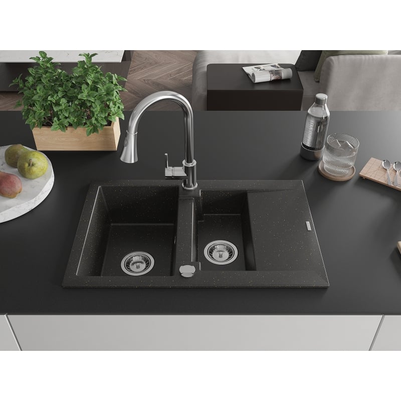 Mexen Gaspar lavello da cucina in granito a 1,5 vasca con scolapiatti e rubinetto Elia, nero/oro metallizzato