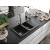 Mexen Gaspar Granitspüle, 1,5-beckig mit Abtropffläche und Küchenarmatur Elia, schwarz/gold metallic - 6507-75-670101-00