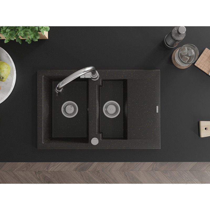 Mexen Gaspar fregadero de granito de 1,5 senos con escurridor y grifo de cocina Elia, negro/oro metálico - 6507-75-670101-00