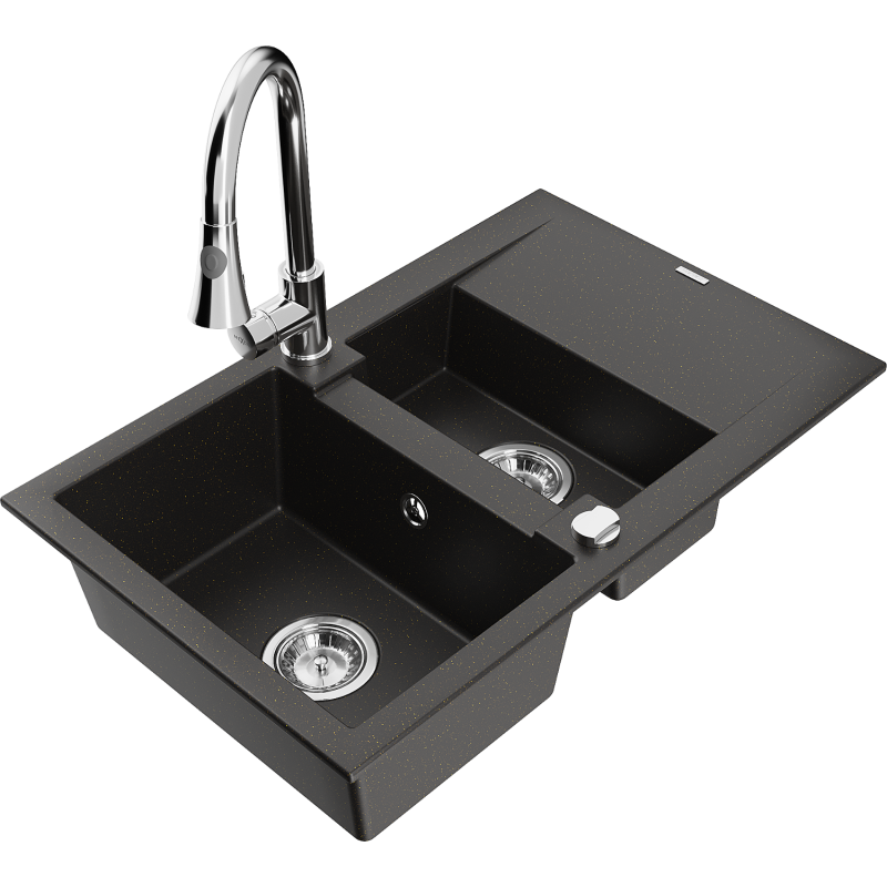 Mexen Gaspar fregadero de granito de 1,5 senos con escurridor y grifo de cocina Elia, negro/oro metálico - 6507-75-670101-00