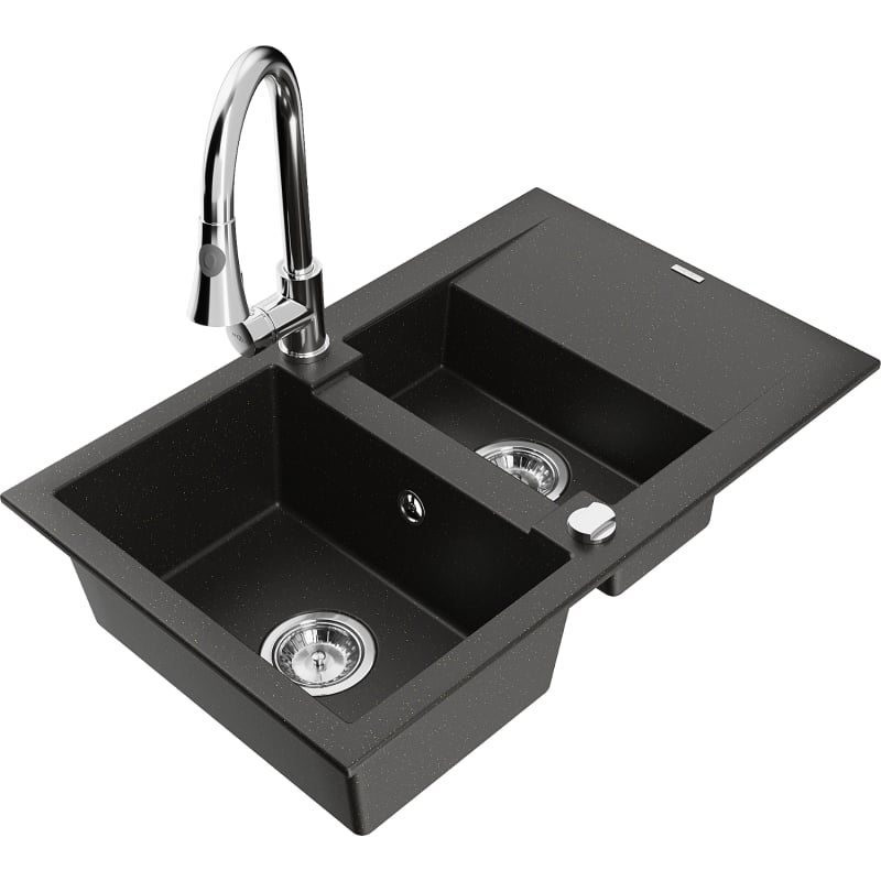 Mexen Gaspar lavello in granito a 1,5 vasche con scolapiatti e rubinetto da cucina Elia, nero/oro metallizzato