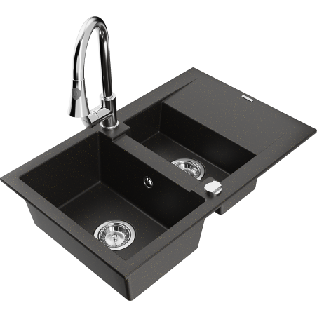 Mexen Gaspar lavello da cucina in granito a 1,5 vasca con scolapiatti e rubinetto Elia, nero/oro metallizzato
