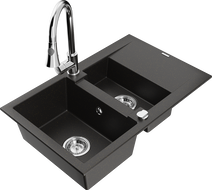 Mexen Gaspar granite kitchen sink 1.5-bowl with draining board and Elia kitchen faucet, black/gold metallic - 6507-75-670101-00