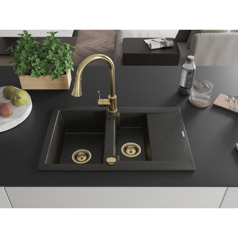 Mexen Gaspar 1.5-bowl granite sink with drainer and Elia kitchen tap, black/gold metallic - 6507-75-670101-50