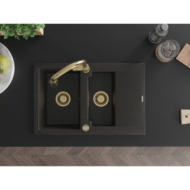 Mexen Gaspar lavello in granito 1,5 vasca con sgocciolatoio e rubinetto da cucina Elia, nero/oro metallizzato