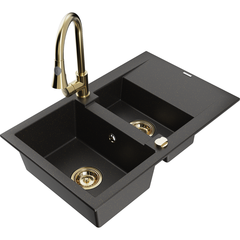 Mexen Gaspar granitdiskho 1,5-kammare med avrinning och köksblandare Elia, svart/guld metallic - 6507-75-670101-50