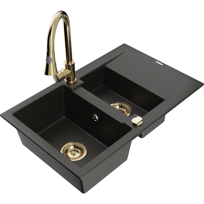Mexen Gaspar Granitspüle 1,5-Kammern mit Abtropffläche und Küchenarmatur Elia, schwarz/goldener Metallic - 6507-75-670101-50