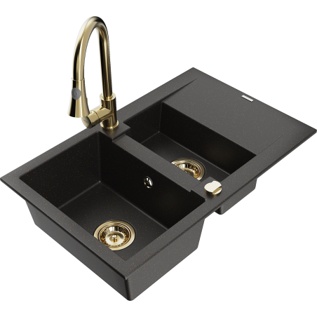 Mexen Gaspar évier en granit 1,5 cuve avec égouttoir et robinet de cuisine Elia, noir/or métallique - 6507-75-670101-50
