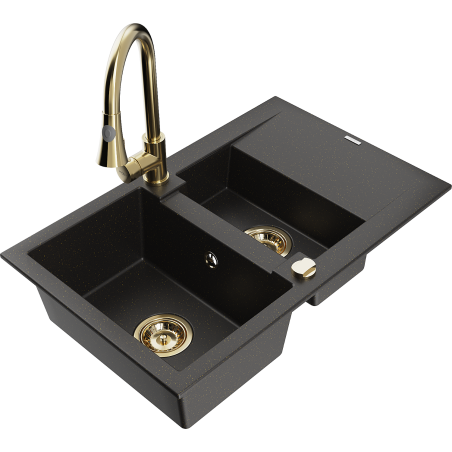 Mexen Gaspar granieten gootsteen 1,5-komorige met afdruiprek en keukenmengkraan Elia, zwart/gouden metallic - 6507-75-670101-50