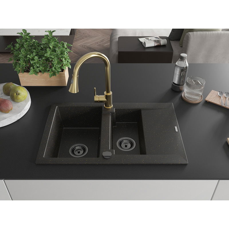Mexen Gaspar 1.5-bowl Granite Sink with Drainer and Elia Kitchen Tap, Black/Gold Metallic - 6507-75-670101-50-B