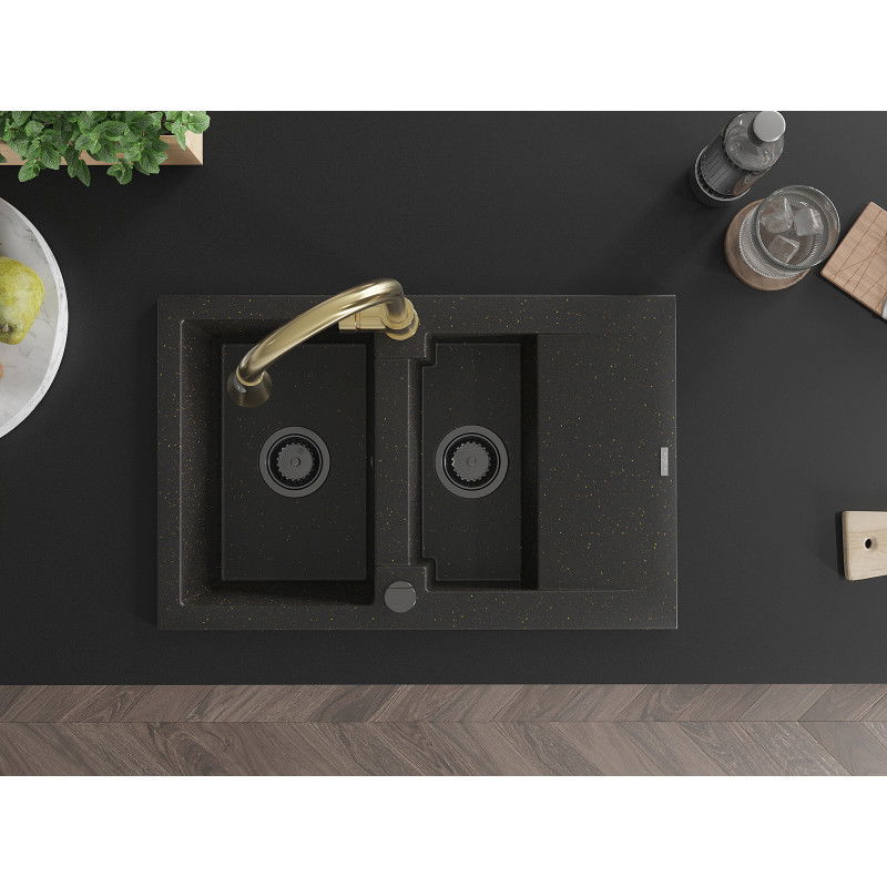 Mexen Gaspar 1.5-bowl Granite Sink with Drainer and Elia Kitchen Tap, Black/Gold Metallic - 6507-75-670101-50-B