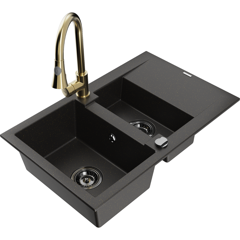 Mexen Gaspar 1.5-bowl Granite Sink with Drainer and Elia Kitchen Tap, Black/Gold Metallic - 6507-75-670101-50-B