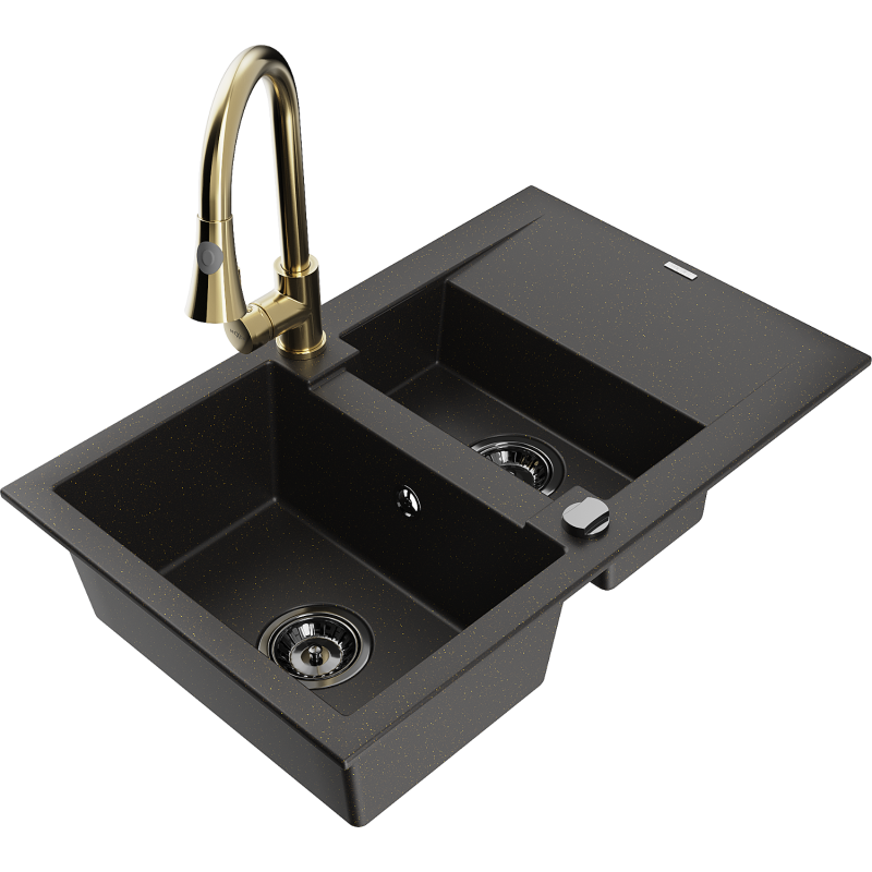 Mexen Gaspar Granitspüle 1,5-Becken mit Abtropffläche und Küchenarmatur Elia, schwarz/gold metallic - 6507-75-670101-50-B