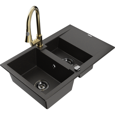 Mexen Gaspar 1.5-bowl Granite Sink with Drainer and Elia Kitchen Tap, Black/Gold Metallic - 6507-75-670101-50-B