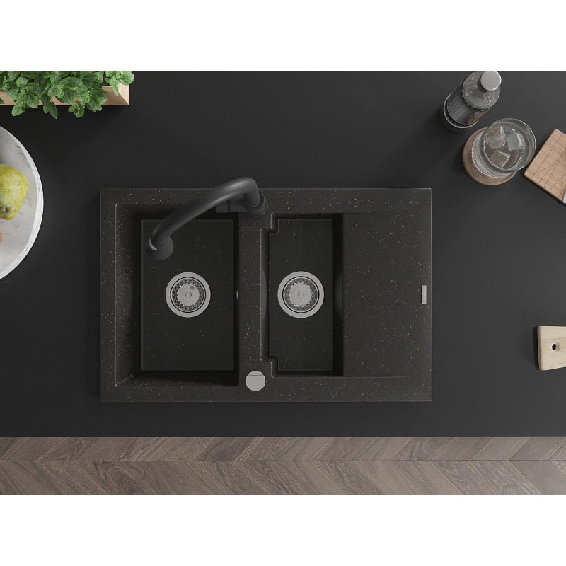 Mexen Gaspar fregadero de granito de 1,5 senos con escurridor y grifo de cocina Elia, negro/oro metálico - 6507-75-670101-70