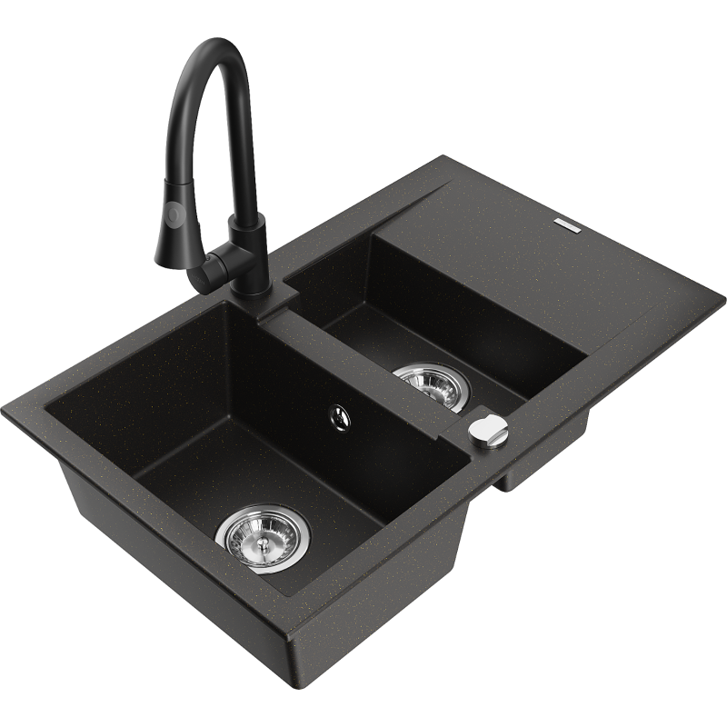 Mexen Gaspar fregadero de granito de 1,5 senos con escurridor y grifo de cocina Elia, negro/oro metálico - 6507-75-670101-70