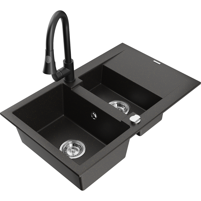 Mexen Gaspar granite sink 1.5-bowl with drainer and Elia kitchen tap, black/golden metallic - 6507-75-670101-70