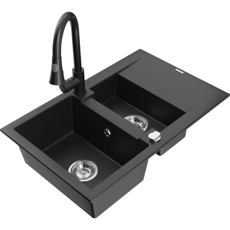 Mexen Gaspar granite sink 1.5-bowl with drainer and Elia kitchen tap, black/golden metallic - 6507-75-670101-70