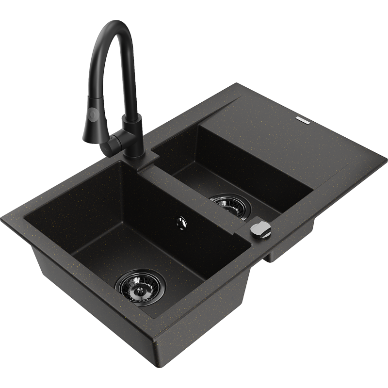 Mexen Gaspar fregadero de granito de 1,5 senos con escurridor y grifo de cocina Elia, negro/dorado metálico