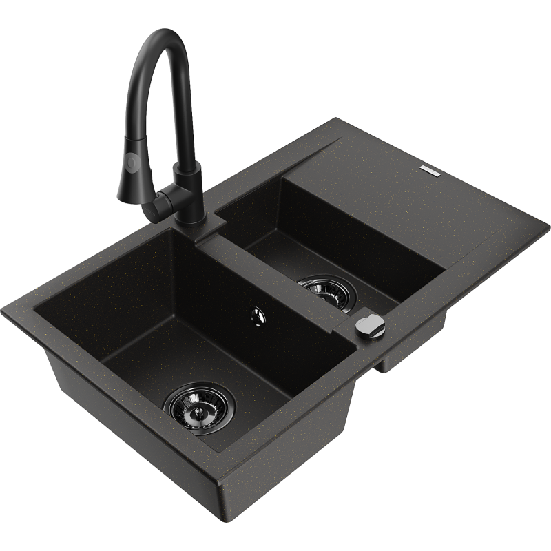 Mexen Gaspar Granit-Spullsteen mat 1,5-Kammeren mat Ofleefer an Kichekraan Elia, schwaarz/goldene Metallik - 6507-75-670101-70-B