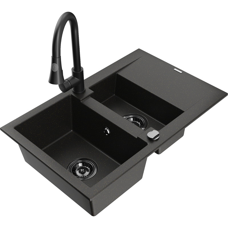Mexen Gaspar Granitspülbecken 1,5-Kammer mit Abtropffläche und Küchenarmatur Elia, schwarz/gold metallic
