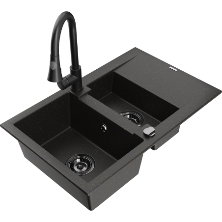 Mexen Gaspar lavello in granito a 1,5 vasche con scolapiatti e rubinetto da cucina Elia, nero/oro metallizzato