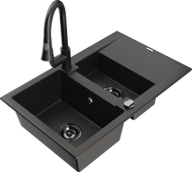 Mexen Gaspar lavello in granito a 1,5 vasche con scolapiatti e rubinetto da cucina Elia, nero/oro metallizzato