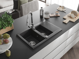 Mexen Gaspar 1.5-bowl Granite Sink with Drainer and Elia Kitchen Tap, Black Speckled - 6507-76-670101-00