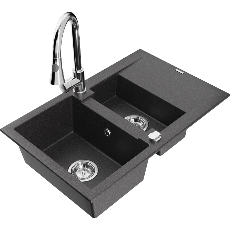 Mexen Gaspar fregadero de granito de 1,5 senos con escurridor y grifo de cocina Elia, negro moteado - 6507-76-670101-00