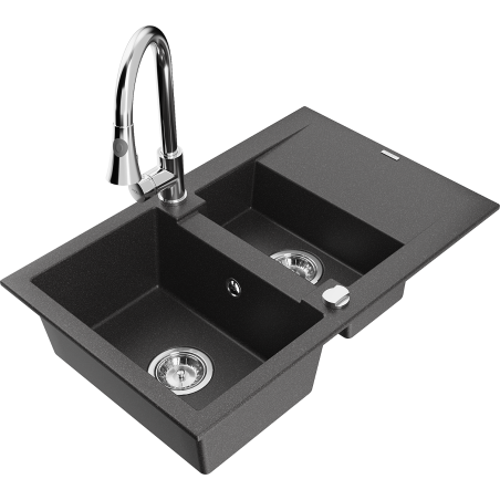 Mexen Gaspar lava-loiça de granito com 1,5 tigelas com escorredor e torneira de cozinha Elia, preto salpicado