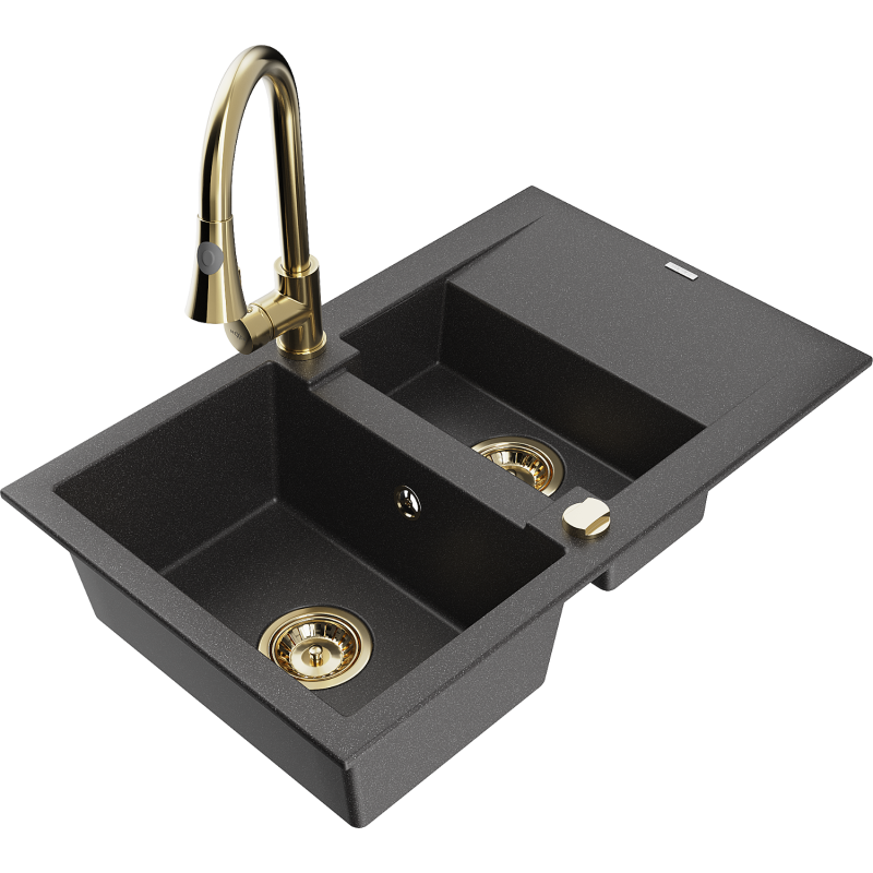 Mexen Gaspar lava-louça de granito com 1,5 bacia com escorredor e torneira de cozinha Elia, preto salpicado - 6507-76-670101-50