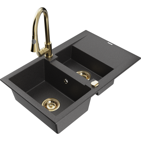 Mexen Gaspar fregadero de granito de 1,5 senos con escurridor y grifo de cocina Elia, negro moteado - 6507-76-670101-50