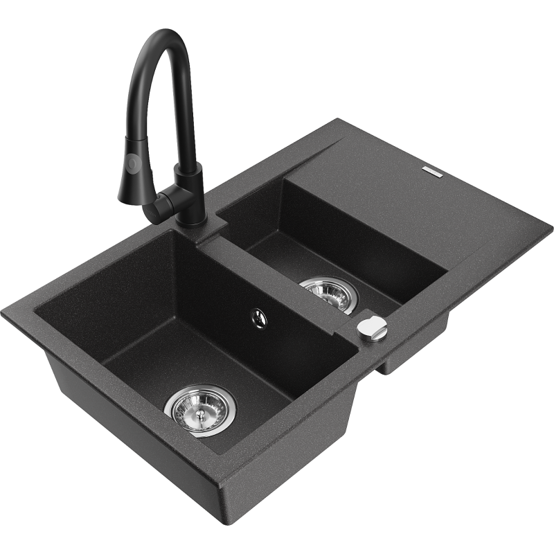 Mexen Gaspar 1.5-bowl granite sink with drainer and Elia kitchen tap, black speckled - 6507-76-670101-70