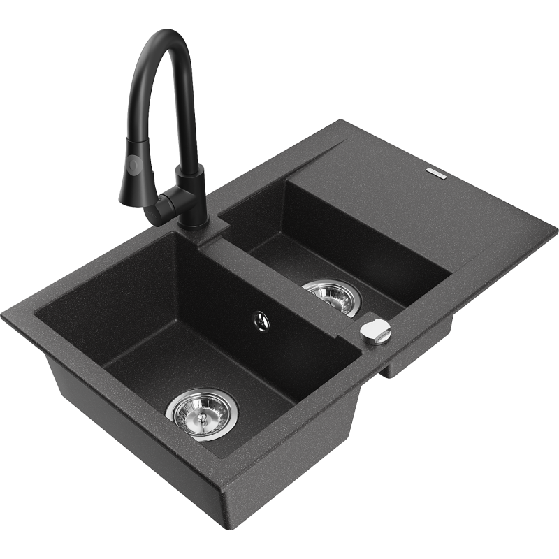 Mexen Gaspar lavello in granito con 1,5 vasche e sgocciolatoio e rubinetto da cucina Elia, nero punteggiato - 6507-76-670101-70
