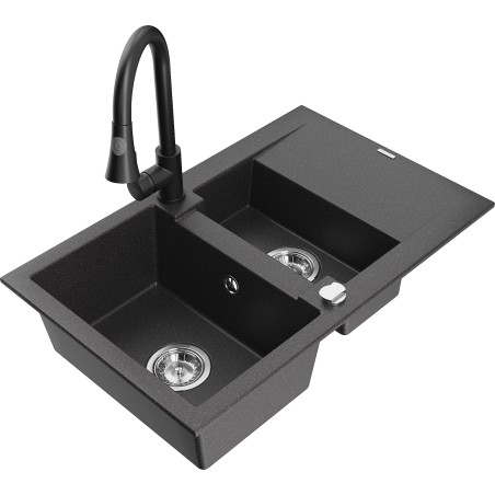 Mexen Gaspar fregadero de granito de 1,5 tarja con escurridor y grifo de cocina Elia, negro moteado - 6507-76-670101-70