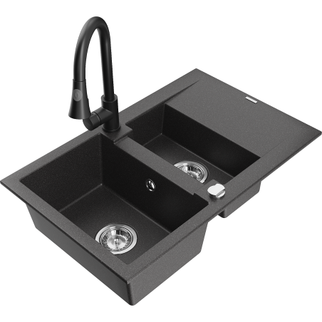 Mexen Gaspar lavello in granito con 1,5 vasche e sgocciolatoio e rubinetto da cucina Elia, nero punteggiato - 6507-76-670101-70
