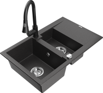 Mexen Gaspar 1.5-bowl granite sink with drainer and Elia kitchen tap, black speckled - 6507-76-670101-70