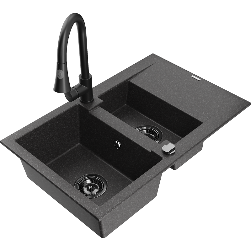 Mexen Gaspar fregadero de granito 1,5 senos con escurridor y grifo de cocina Elia, negro moteado - 6507-76-670101-70-B