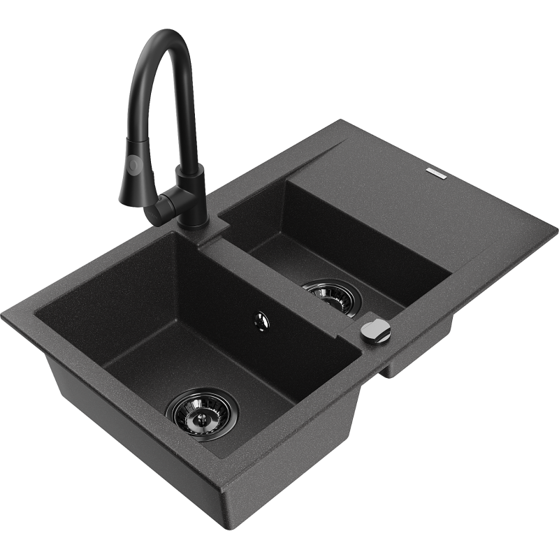 Mexen Gaspar granieten gootsteen 1,5-komorige met afdruiprek en keukenmengkraan Elia, zwart gespikkeld - 6507-76-670101-70-B