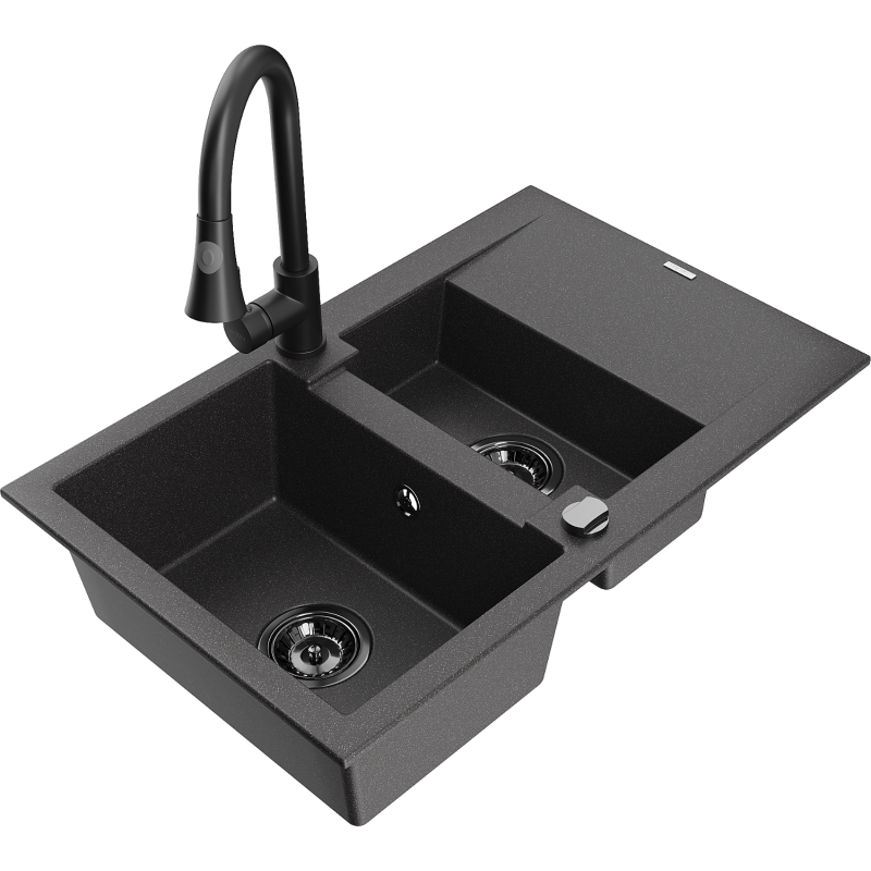 Mexen Gaspar granite sink 1.5-bowl with drainer and Elia kitchen tap, black speckled - 6507-76-670101-70-B